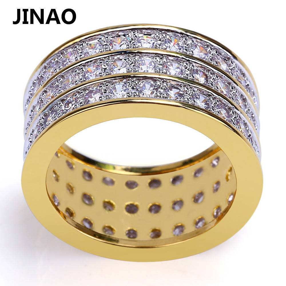 JINAO Hip Hop Rock Gold Color Plated Round Rings Cool Full Iced Out Micro Pave CZ Stone Ring For Male Jewelry Gift D19011502