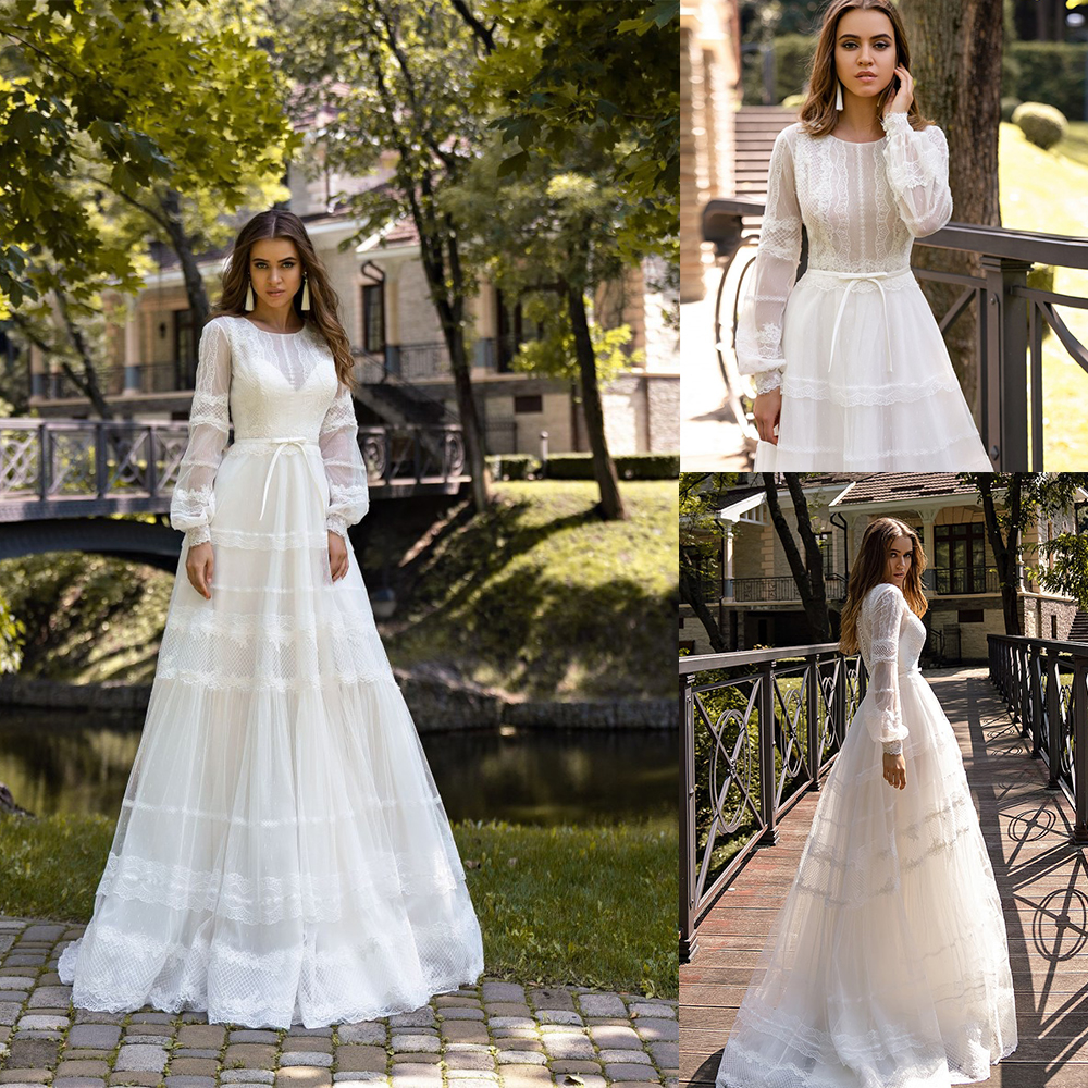 vintage bridal dresses jewel neck appliqued long sleeves wedding dress bow sash ruffle sweep train custom made robes de marie