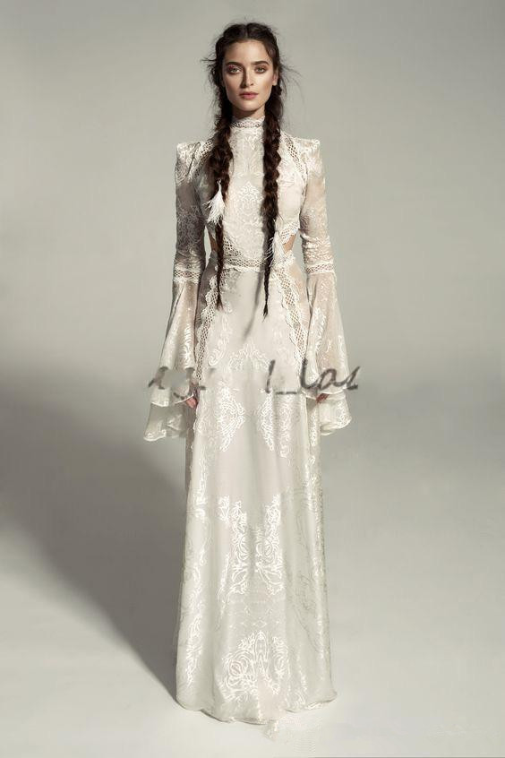 meital zano medieval wedding dresses with bell long sleeves vintage crochet lace high neck gothic queen bridal wedding gowns