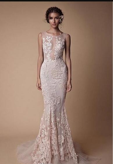 Berta Lace Applique Mermaid sheer wedding Dresses Wear 2020 Sheer Neck Backless Full length Custom Made Fishtail bridal Gowns Cheap