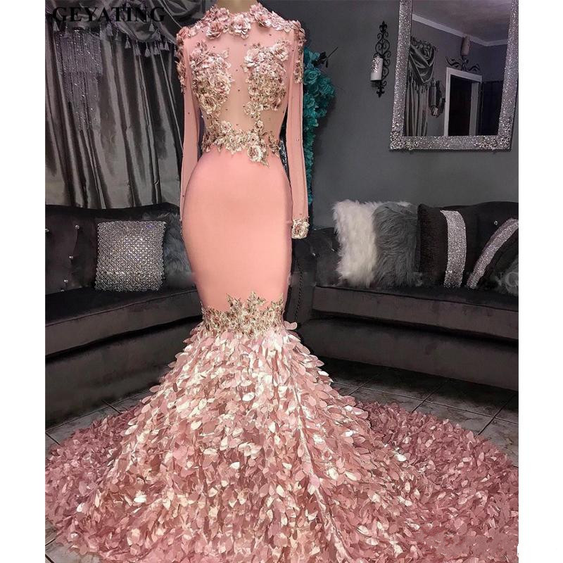 Elegant Long Sleeves Prom Dresses 3D Floral Appliqued Mermaid Pink Black Girls Court Train Plus Size African Evening Gowns Formal Wear