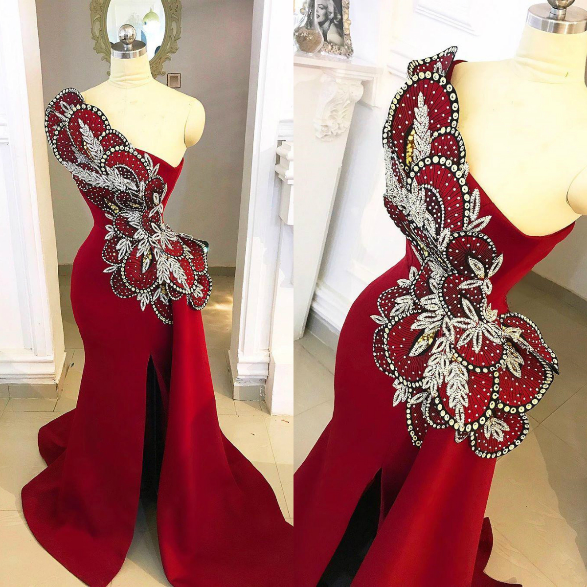 Luxury Arabic Red Split Mermaid Prom Dresses One Shoulder Sequined Beads Evening Dress Formal Party Wear Reception Second Gowns