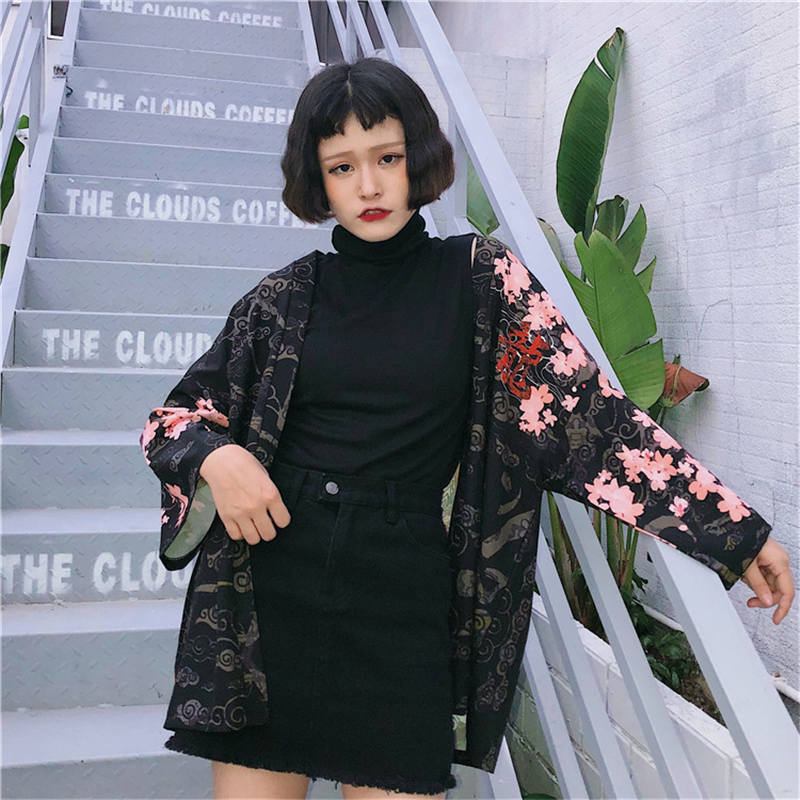 Wholesale-Neploe Japanese Women Cardigan Half Sleeve V-neck Kimono Blouses Chinese Dragon Print Coat Loose Sun-protective Shirts 35349