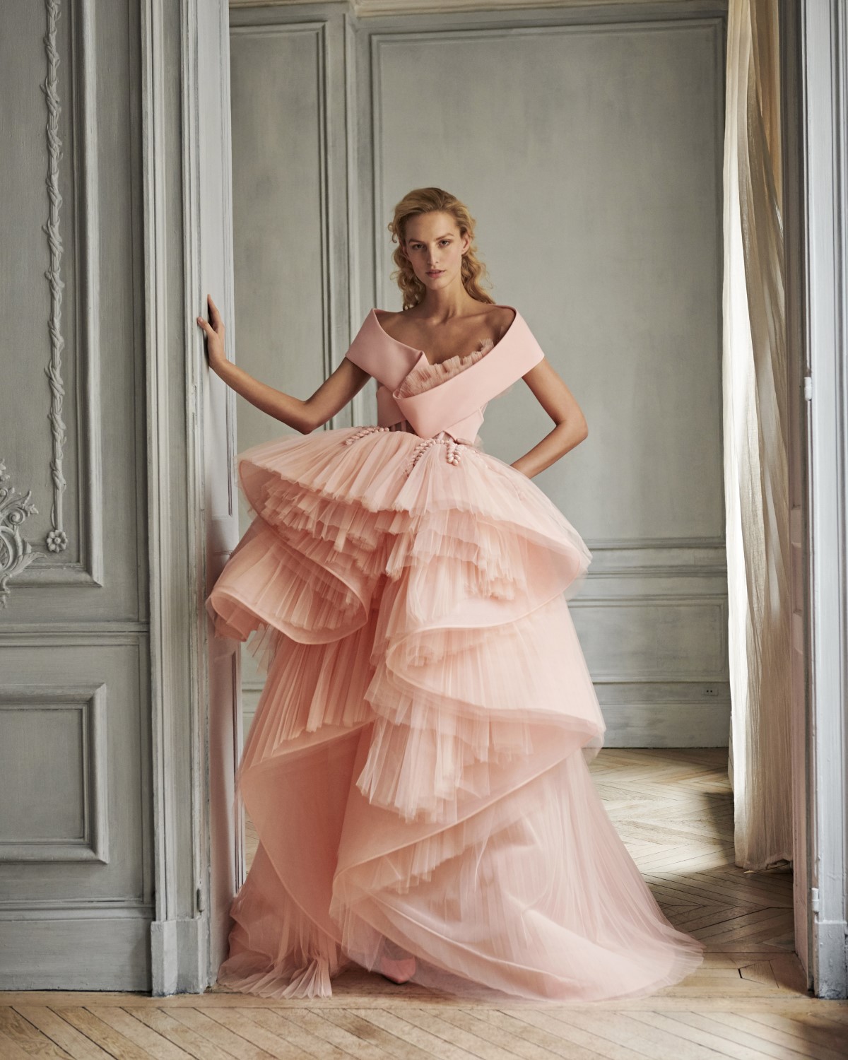 A Line Prom Dresses Light Pink Ruffles Off Shoulder Evening Dress Party Red Carpet Formal Wear Ogstuff robes de soirée