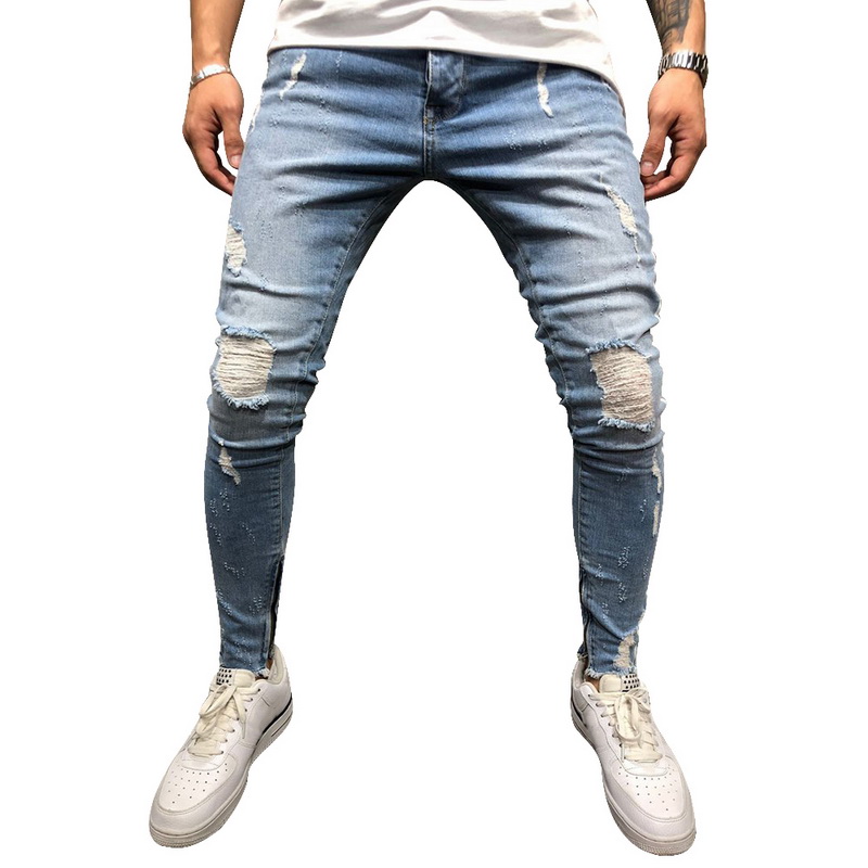 OLOME Hot Sales 2019 Ripped Side Striped Jeans Fashion Blue Streetwear Mens Skinny Stretch Jeans Pants Casual Denim Hombre