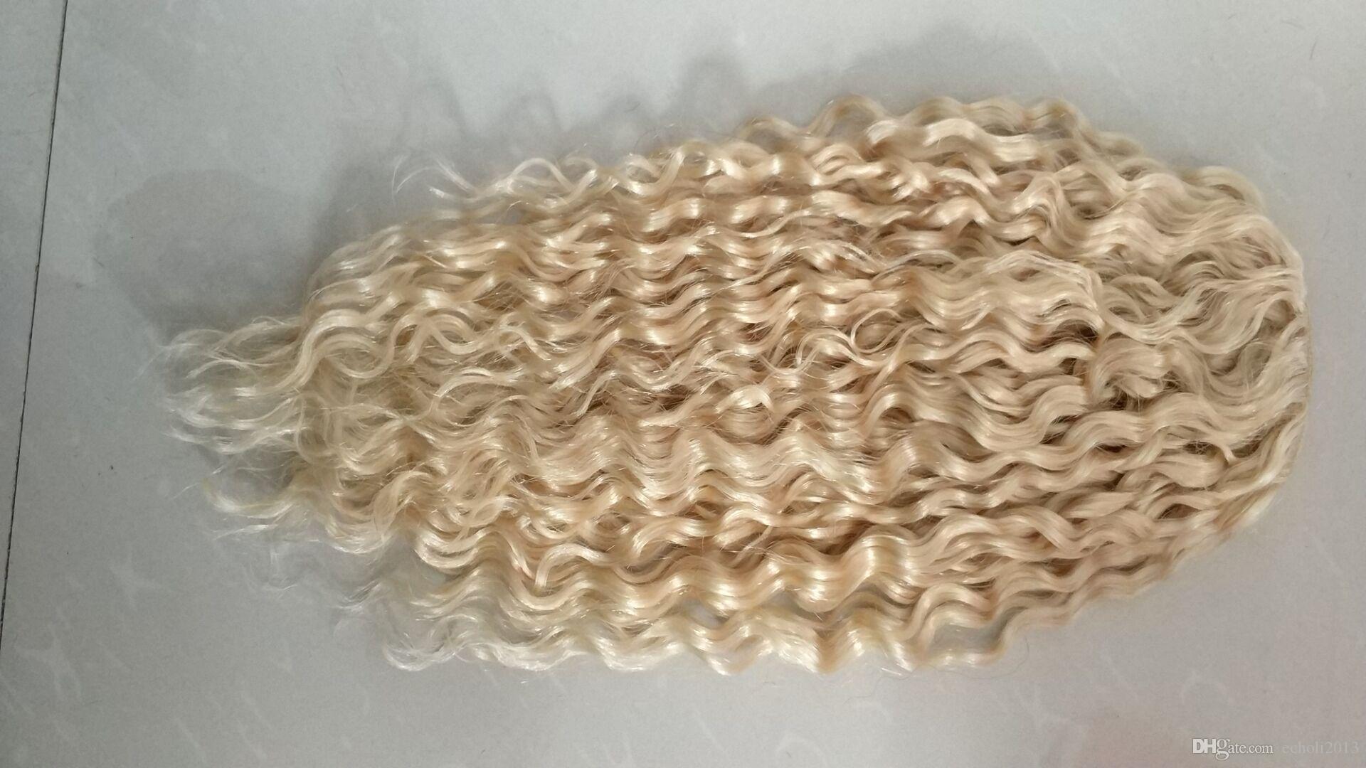 Wholesale-High Quality 16" Long Curly Human Hair Ponytail Extension White Blonde Clips In On Hair Drawstring Ponytail Hairpieces Free Ship