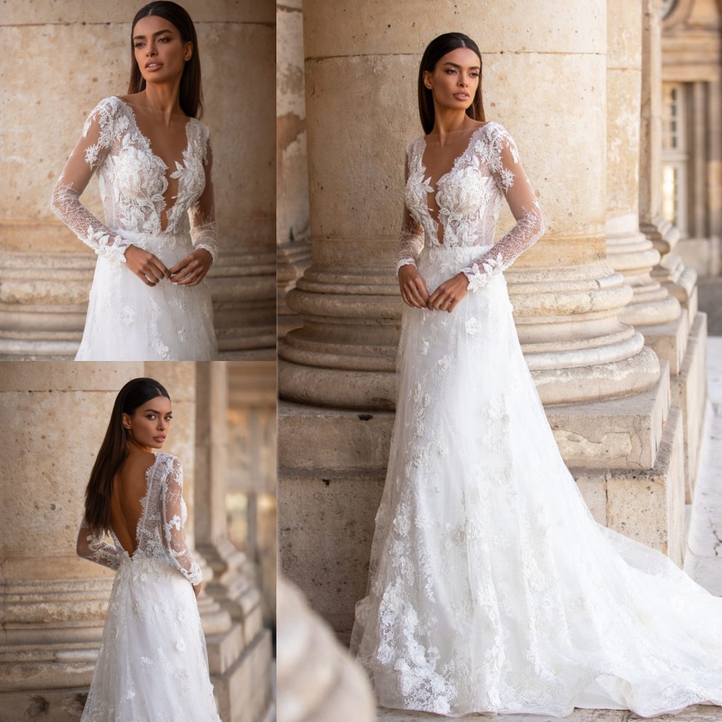 A Graceful Beaded Line Backless Wedding Dresses Lace Appliqued Sheer Deep V Neck Long Sleeves Bridal Gowns Tulle Court Train Robe De Marie ppliqued