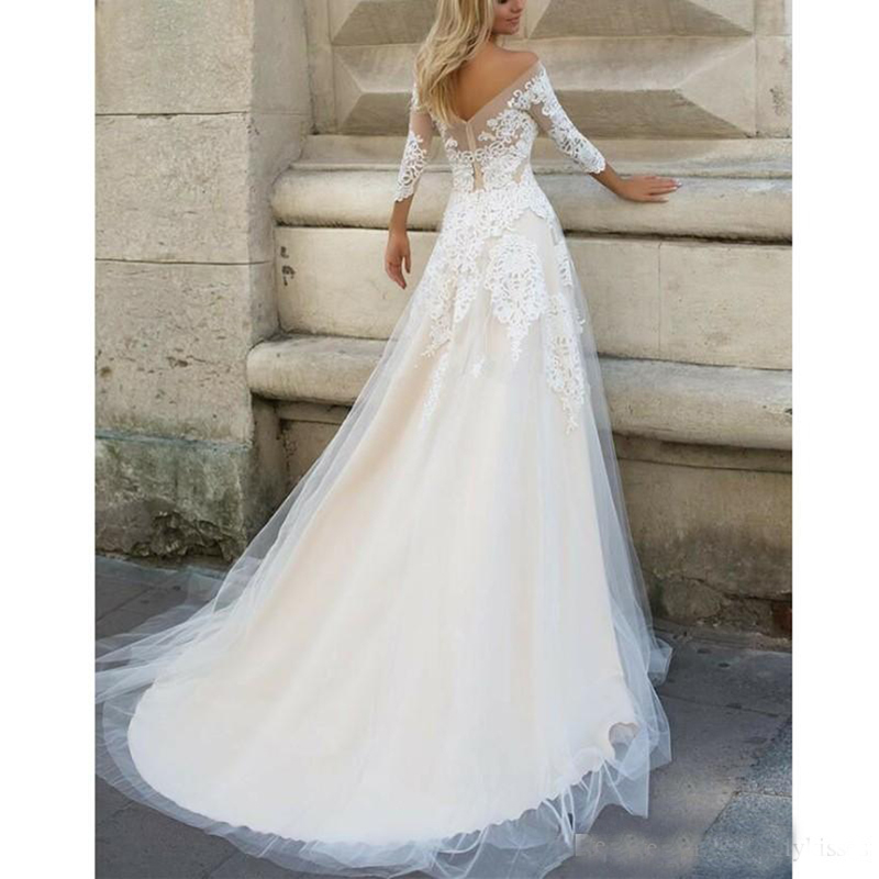 Lace Country Wedding Dresses Elegant 3/4 Sleeves Sweep Train Plus Size Bridal Dress Custom Champagne Boho Wedding Gown