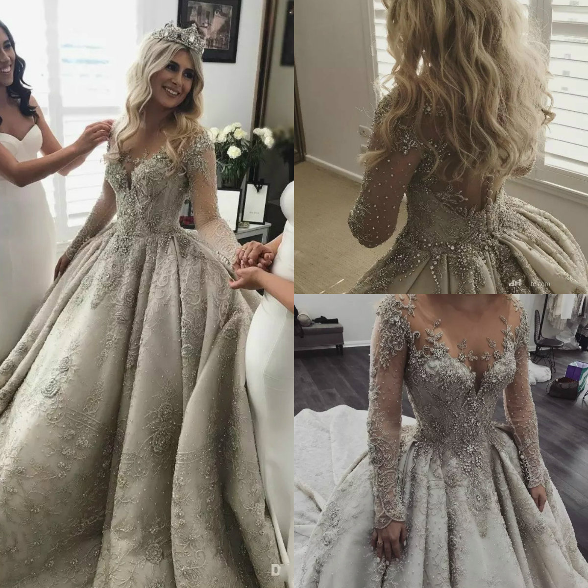 Long Sleeves Lace Ball Gown Wedding Dresses Rhinestone Jewel Neck Vintage Luxury Wedding Dress Full Beads Embroidery Country Bridal Gowns