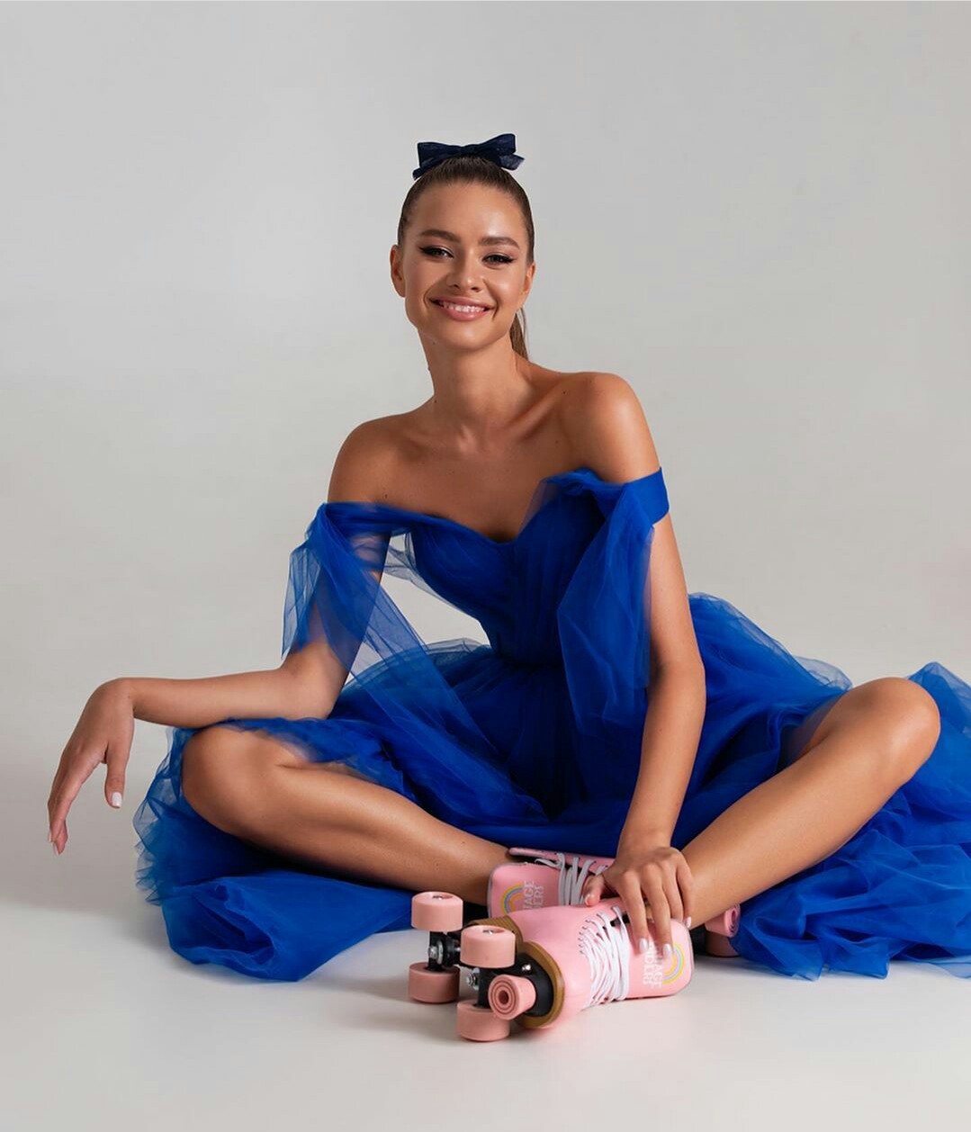 Royal Blue Tulle Evening Dresses Sexy Off Shoulder Hi Lo Prom Dress Sweep Train Long Formal Party Gowns