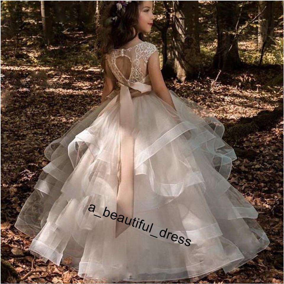 New Arabic Floral Lace Flower Girl Dresses Ball Gowns Child Pageant Dresses Long Train Beautiful Little Kids FlowerGirl Dress Formal FG1302
