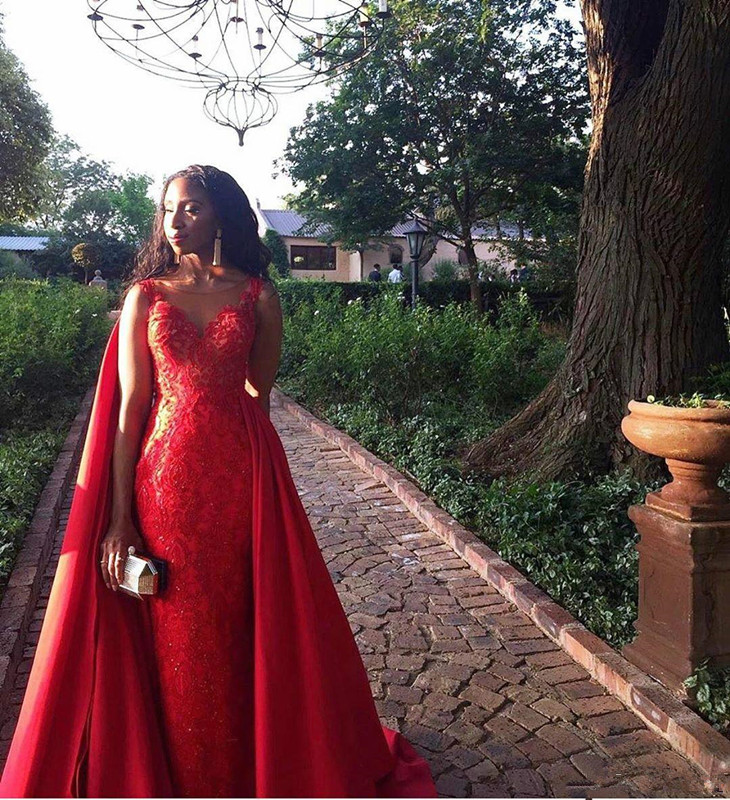 Red Lace Stain Mermaid Evening Pageant Dresses with Long Cape 2020 Modern Overskirt African Sheer Neck Occasion Prom Gowns