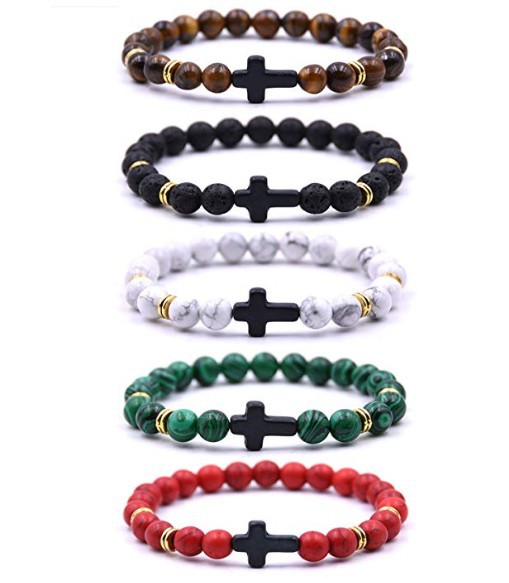 Personality White Turquoise Volcanic Rocks Tigers's eye Bead Bracelet Men Womens Natural Gemstone Cross Charms Stackable Bracelet Jewelry
