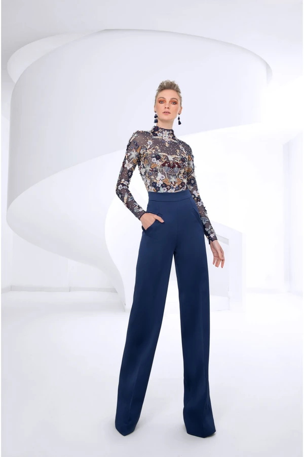 Fashion Women Jumpsuits High Neck Lace Appliques Long Sleeve Pants Suit Prom Dresses Custom Made Designer Evening Gowns