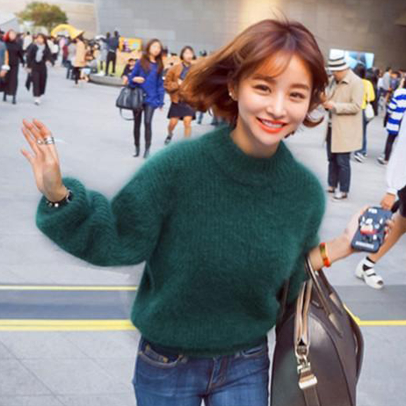 Women Pullover Lantern Sleeve Thick Oversize Pull Solid Green Sweater 2018 Autumn Winter Female Causal Knitted Sweater S118