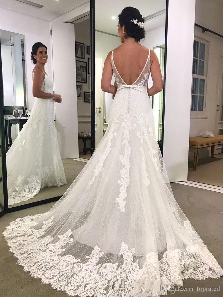Sexy Charming New A Line Wedding Dresses Spaghetti Straps Backless Sleeveless Formal Floor Length Lace Bridal Gowns Custom Made Cheap