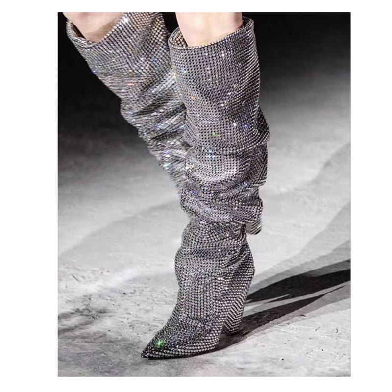 Hot Sale- Crystal Knee high boots Women High heel Boots Runway shoes glitter Spike heel pointed toe booties ladies