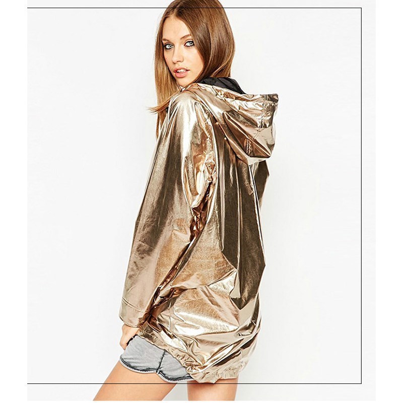 2018 Rock Women's Gold Metallic Shiny Jacket Hooded Party Club Coat Casual Pocket Loose Jacket Outfits Streetwear T200111