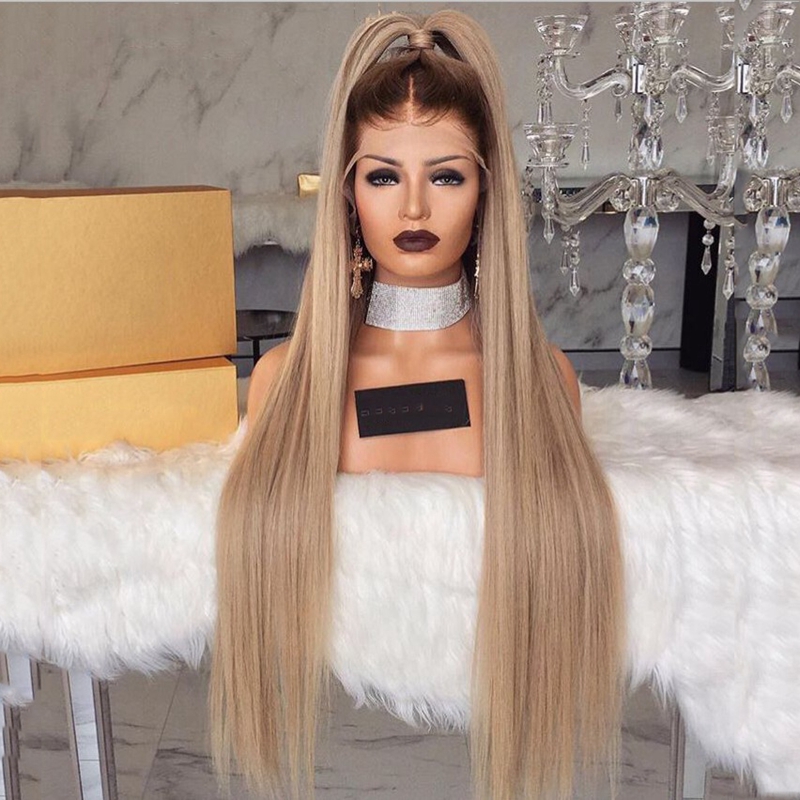 Stock 30inches long blonde lace frontal wig pre plucked with baby hair Straight ombre synthetic Full Lace Front Wigs for women