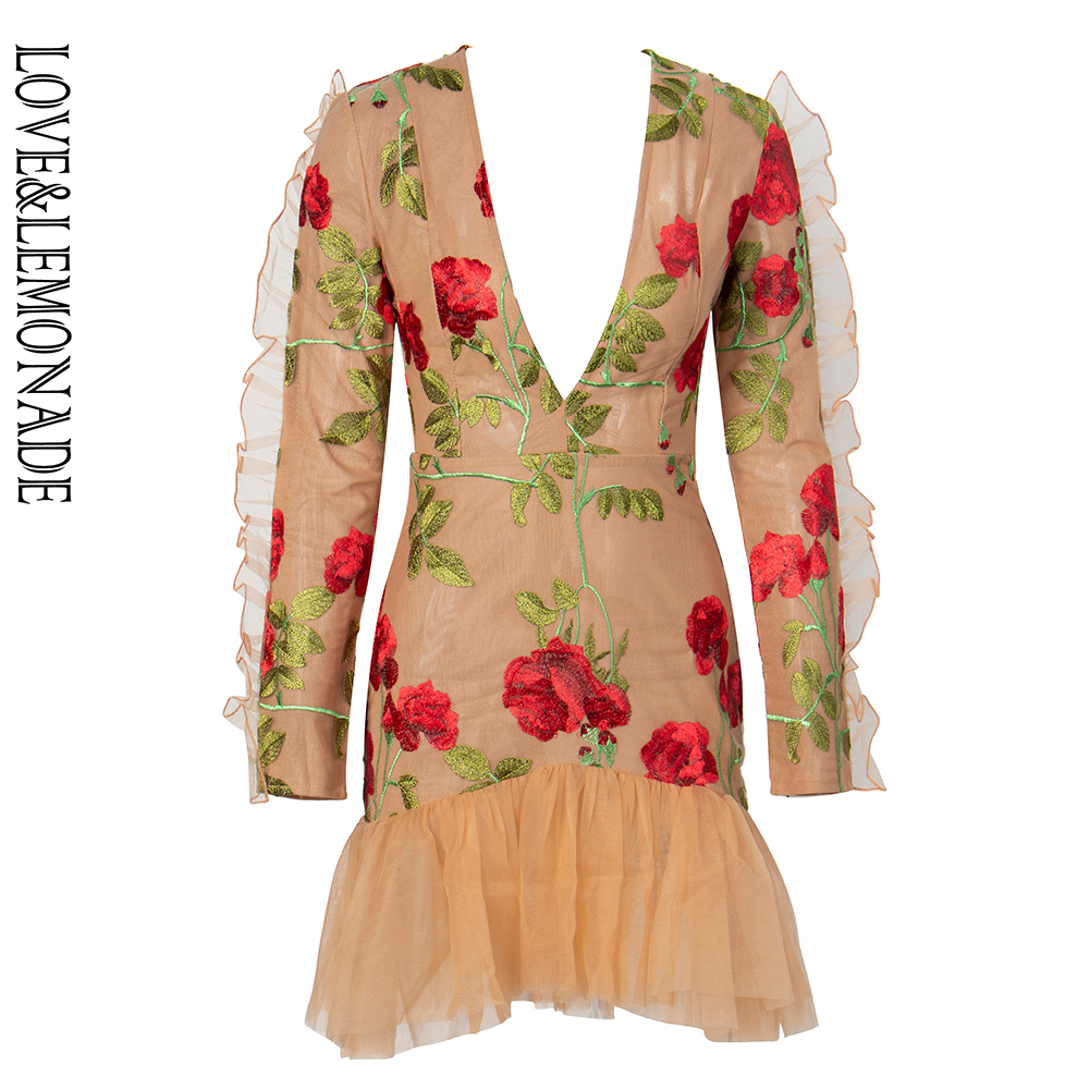 Love&Lemonade Deep V-Neck Ruffle Trim Mesh Mesh Embroidery Material Long Sleeve Going Out Dress LM81682-1, Nude
Love&Lemonade Deep V-Neck Ruffle Trim Mesh Mesh Embroidery Material Long Sleeve Going Out Dress LM81682-1, Nude