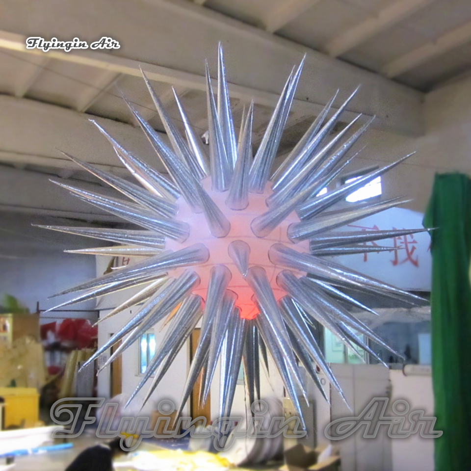 Personalized Lighting Inflatable Star Balloon 2m Silvery Hanging Air Blown Sea Urchin Model Ballon For Concert And Club Party Decoration