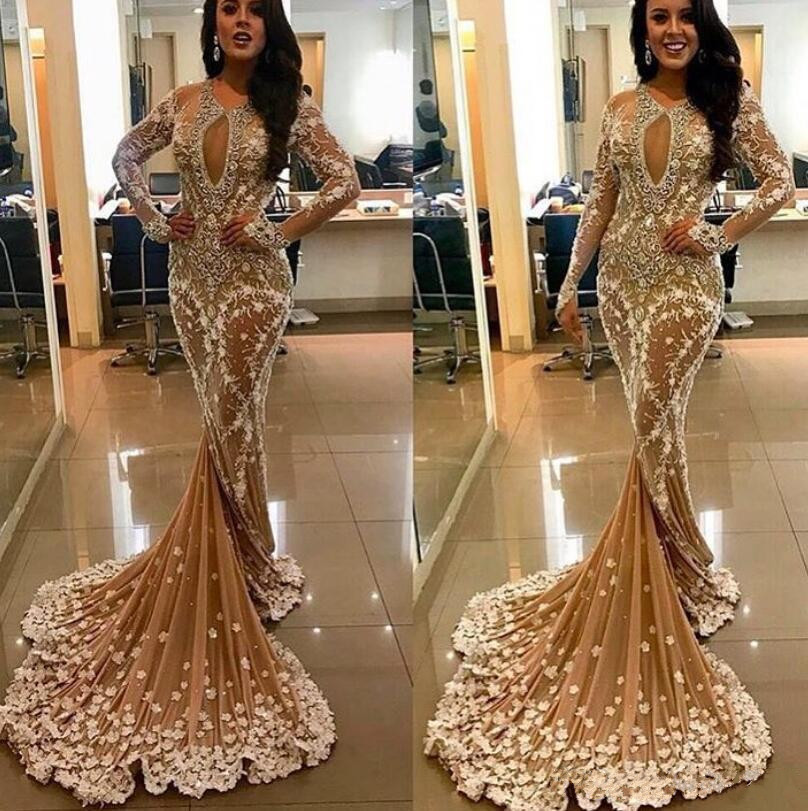 Sexy Mermaid Lace Prom Dresses Beads Long Sleeves Evening Dress Keyhole Neck Fashion Gold Formal Gowns Vestido De Festa