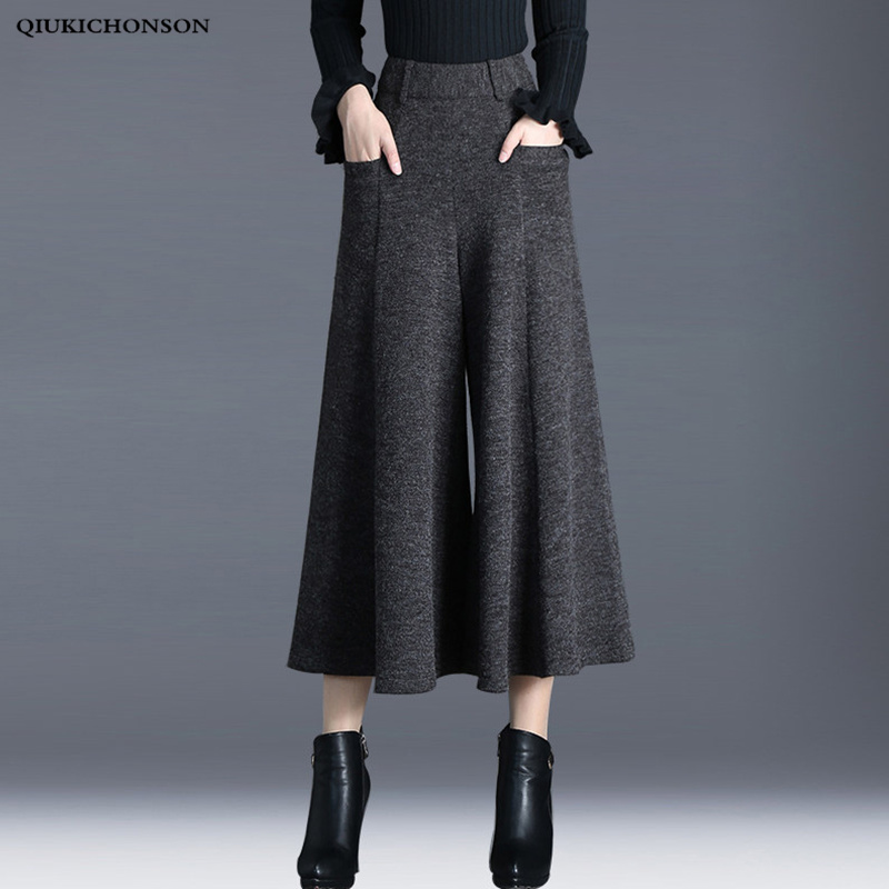 Winter pants women high waisted ankle-length wool wide leg pants culottes ladies trousers pantskirt pantalon palazzo mujer