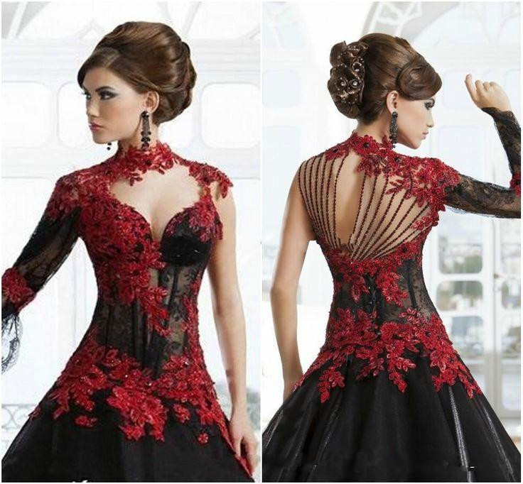 Vintage Black and Red Victorian Gothic wedding dresses Masquerade Halloween 2019 Keyhole High Neck Long Sleeve bridal gowns