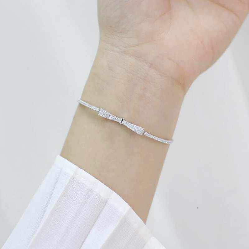 Wholesale-Women Fashion Chain Bowknot Sterling Silver Charms Bracelet Ladies Cubic Zircon Bracelets Female Jewelry