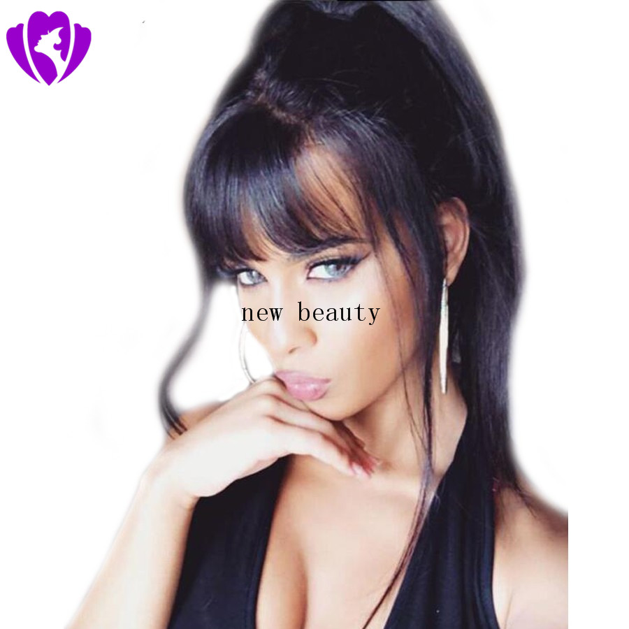 Long Straight Natural Hair Wigs With Bangs Womens simulation brazilian human hair wig Heat Resistance Black Brown for African American