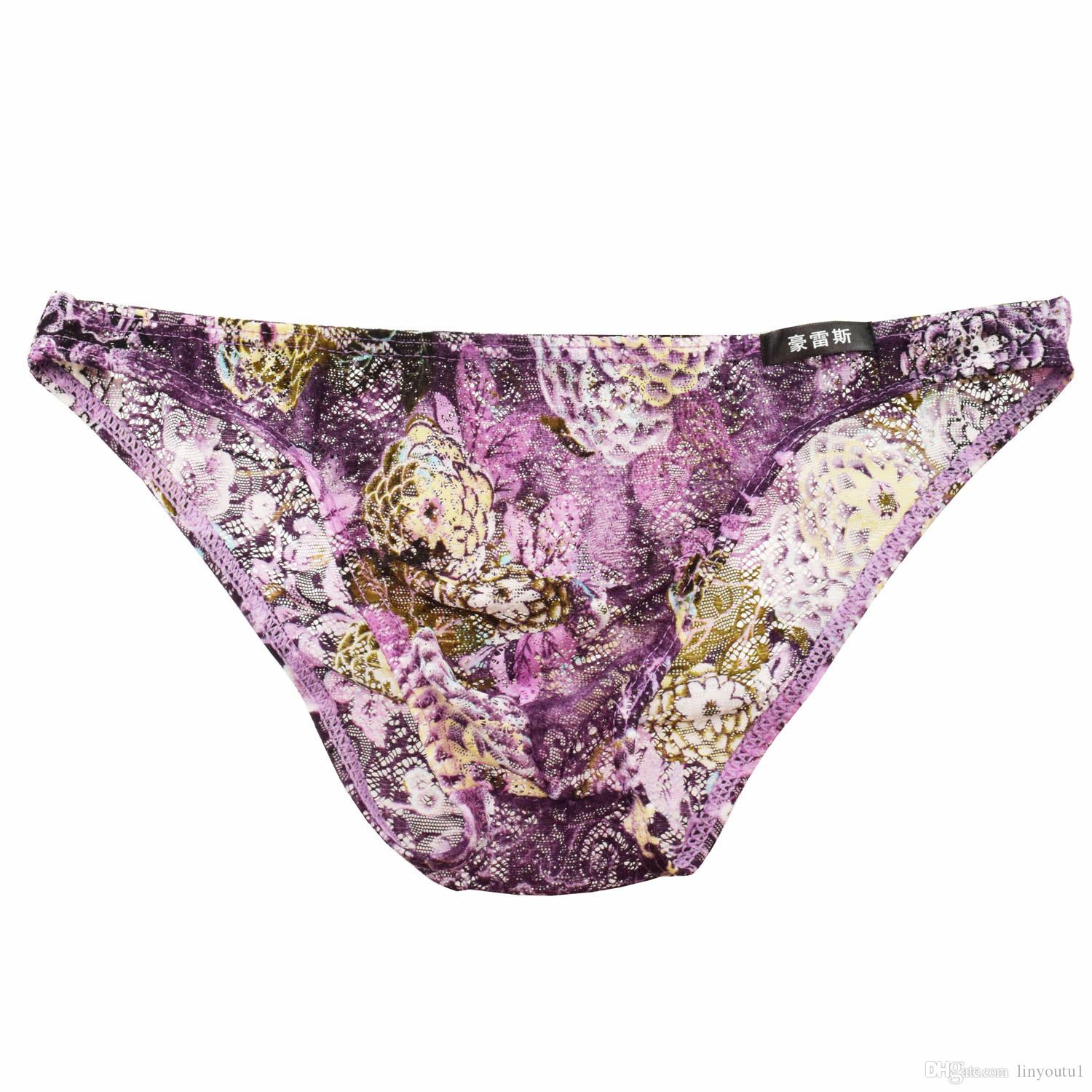 2020 Colorful Sexy Mens Sheer Lace Underwear Underpants Thong Men's Gay Briefs Flower Pattern Panties for Lingerie Man