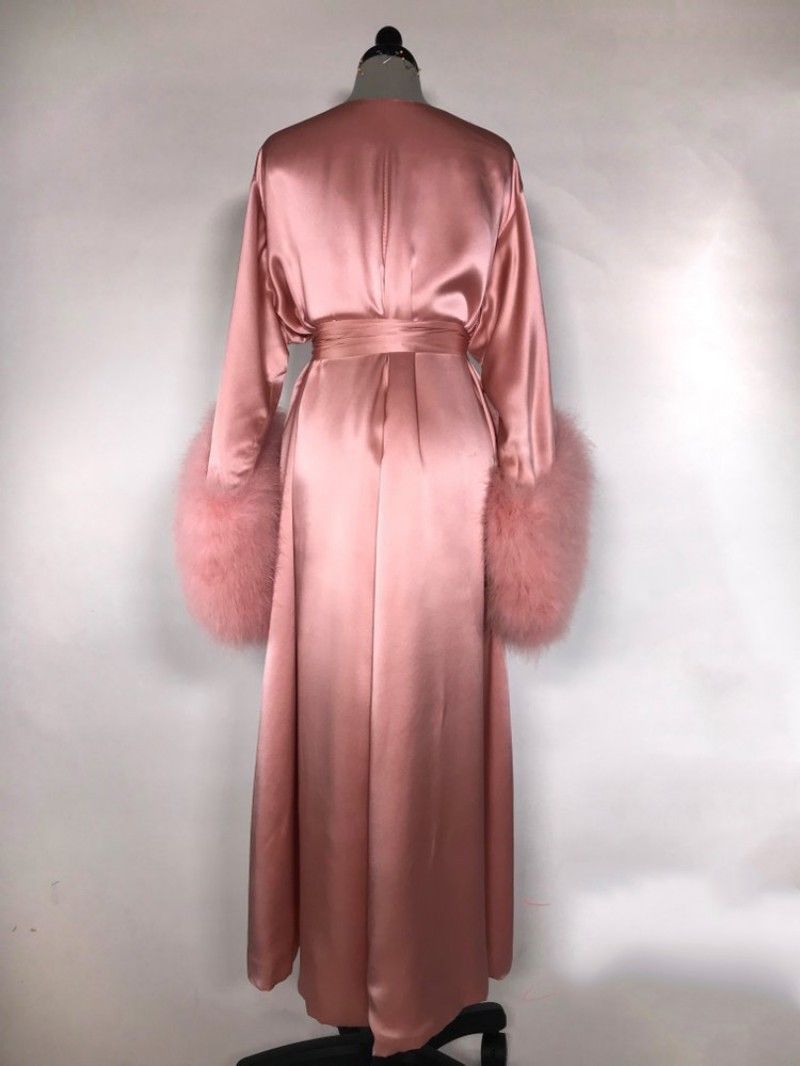 Luxury Fur Bride Sleepwear Bath Robes Silk Women Pajama V-Neck Long Sleeves Belt Night Gowns Dresses Custom Made