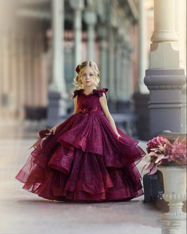 sparkly sequined flower girl dresses formal prom gowns tiered skirts party lace v neck girls birthday pageant dress