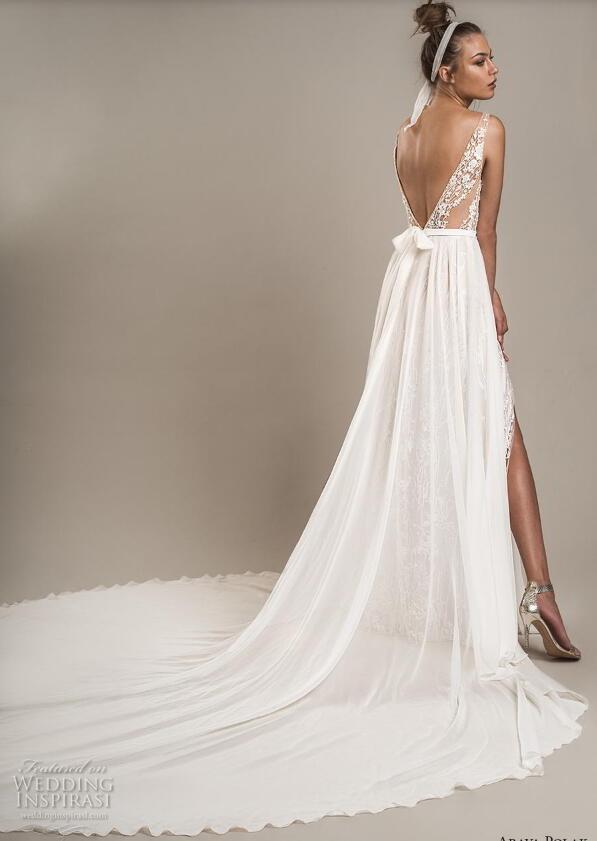 2019 Cheap Beach Wedding Dresses With Detachable Overskirts Illusion Bodice Lace Appliqued Sexy Side Split Bridal Gowns A Line Wedding Dress