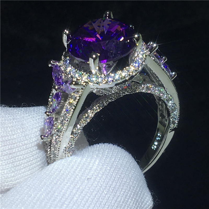 Vecalon Hollow Flower Ring 925 sterling Silver 4ct Purple Diamonds cz Anniversary Wedding Band Rings For Women Finger Jewelry