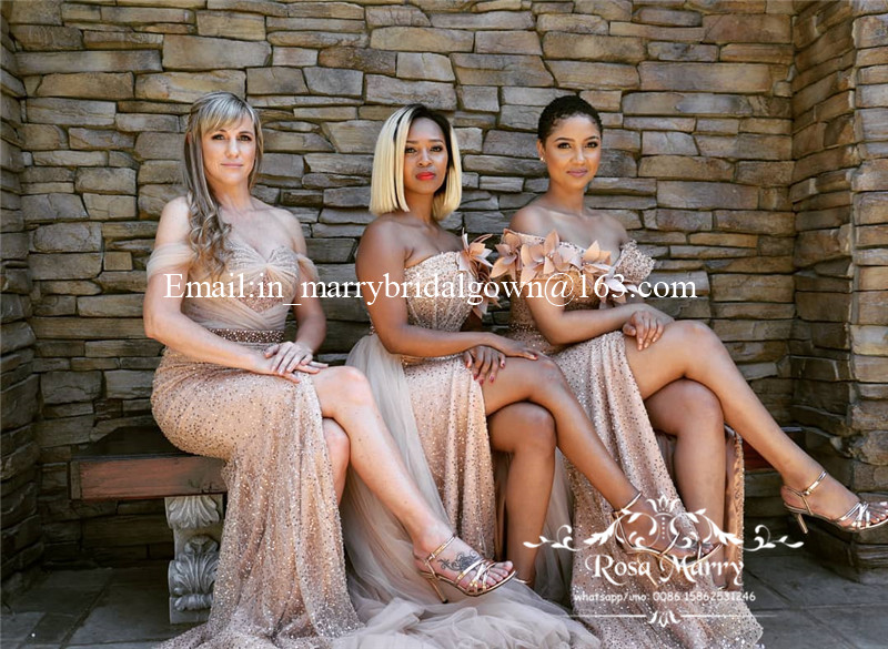 Rose Gold Sequined Mermaid African Bridesmaids Dresses 2020 Mix Style Plus Size Country Beach Maid Of Honors High Split vestidos de madrinha