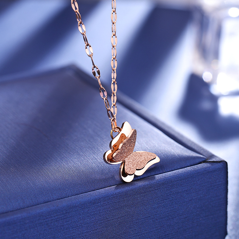 Shining Scrub Butterfly Pendant Necklace Stainless Steel 14k Gold Plated Titanium Steel Jewelry Woman Girl Gift