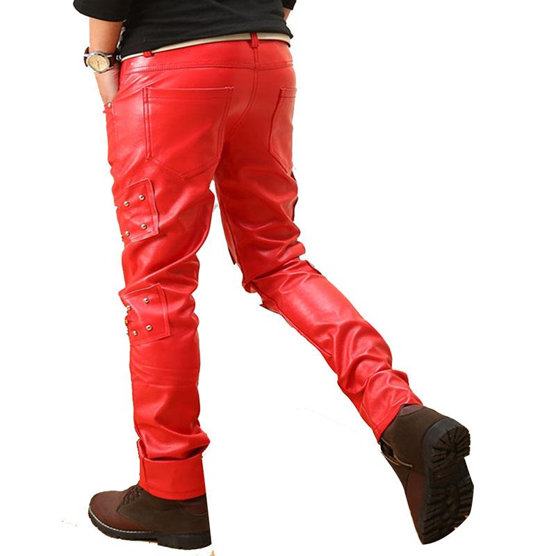 Men`s Punk Rock Red Studded Leather Motorcycle Hip Hop Hipster Night Club Biker Pants With Zippers Male
