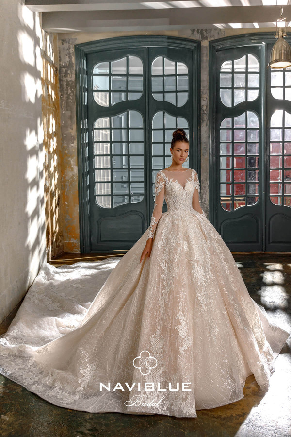 champagne ballroom wedding dresses scoop neck appliqued sequins long sleeves bridal gown ruffle court train custom made robes de marie