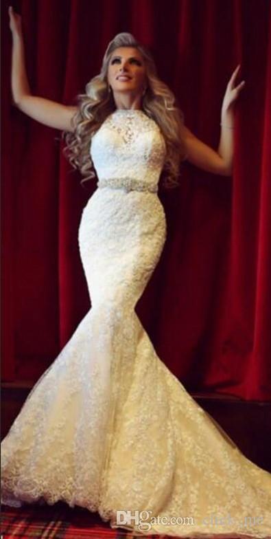 Full Lace Mermaid Dresses With Sash Beads Sequins Sleeveless Wedding Dress Hollow Back Sexy Cheap Gowns Bridal Vestidos