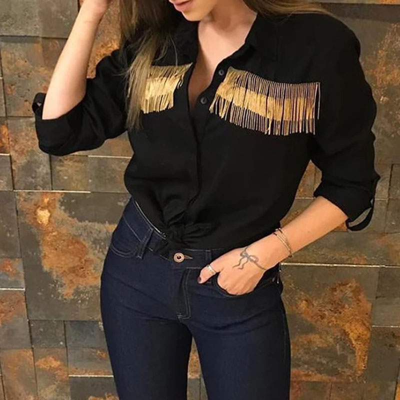 Fringe Trim Women Shirts Ladies Tops 2019 Long Sleeve Spring Autumn Blouse Casual Solid Shirt, Bk
Fringe Trim Women Shirts Ladies Tops 2019 Long Sleeve Spring Autumn Blouse Casual Solid Shirt, Bk