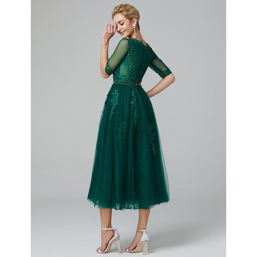 Olive Green Tea Length Mother Of the Bride Dress Half Sleeves For Wedding Party Guest Dresses Formal Evening Gowns