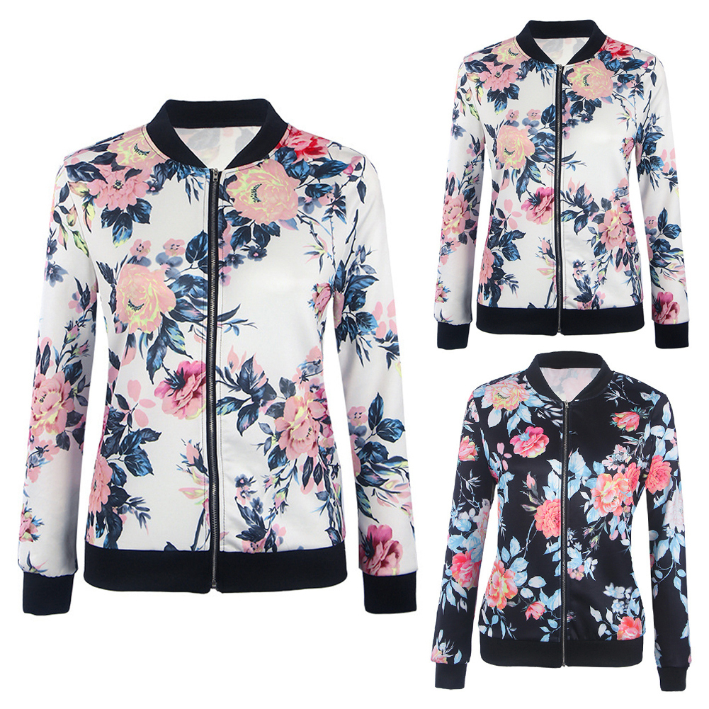 Women Retro Flower Floral Print Zipper Bomber Collar Slim Coat Casual Outwear Female Autumn Spring Jacket Fashion Ladies C19041501