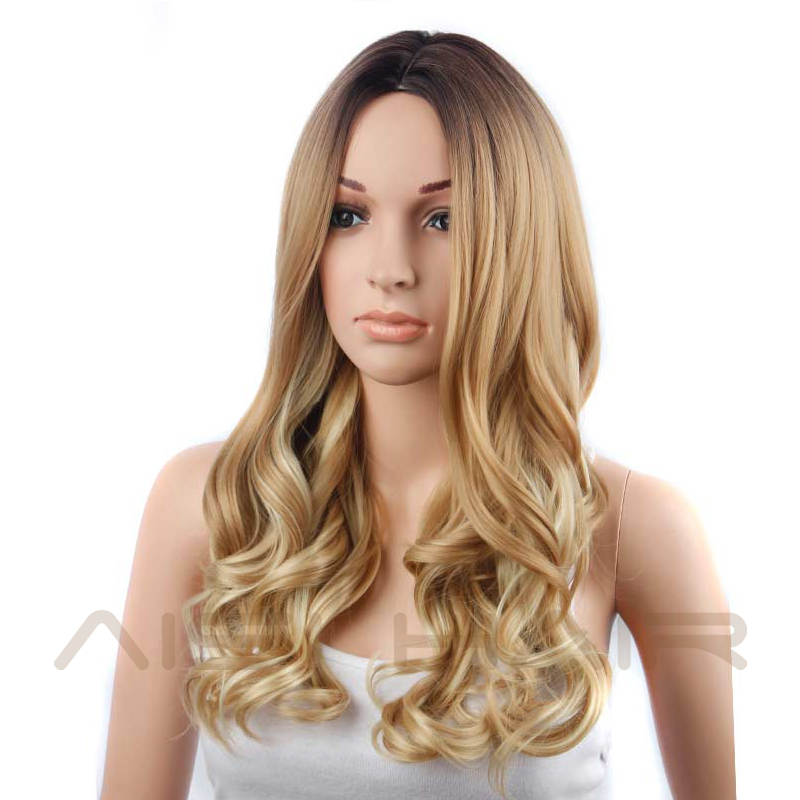 Fashion Long Middle Part Blonde Ombre Wig Synthetic Long Wavy Natural Hair