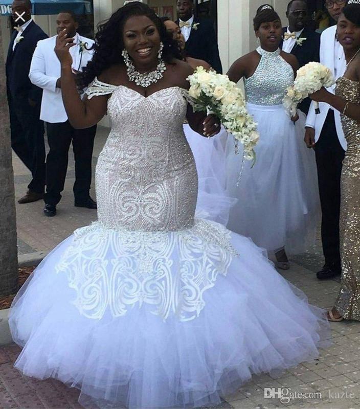 plus size mermaid wedding dresses modest off shoulder african lace applique bridal gowns beaded full length beach garden wedding dress