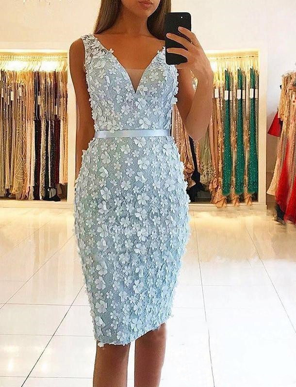 2019 Cheap Light Sky Blue Homecoming Dresses V-Neck 3D Floral Appliques Beaded Short Mini Sashes Knee Length Party Graduation Cocktail Gowns