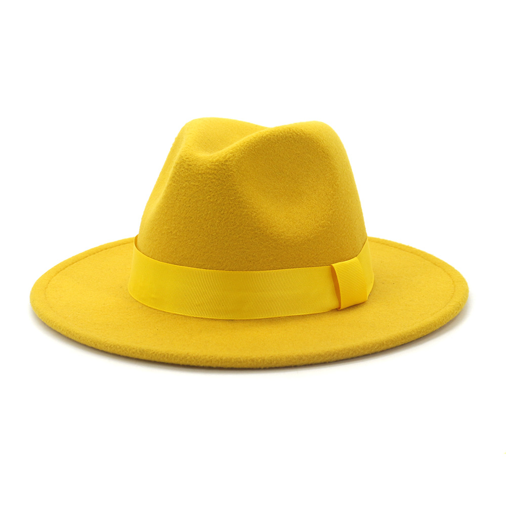 Lime Green Solid Color Wool Felt Jazz Fedora Hats with Ribbon Band Women Men Wide Brim Panama Party Trilby Wedding Hat