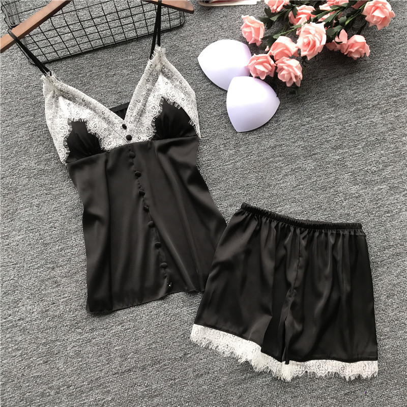 2019 Summer Women Sexy Satin Pajamas Sets With Shorts Female Silk Lace Flower Print Pyjama 2 Pieces Pijama With Chest Pads
2019 Summer Women Sexy Satin Pajamas Sets With Shorts Female Silk Lace Flower Print Pyjama 2 Pieces Pijama With Chest Pads