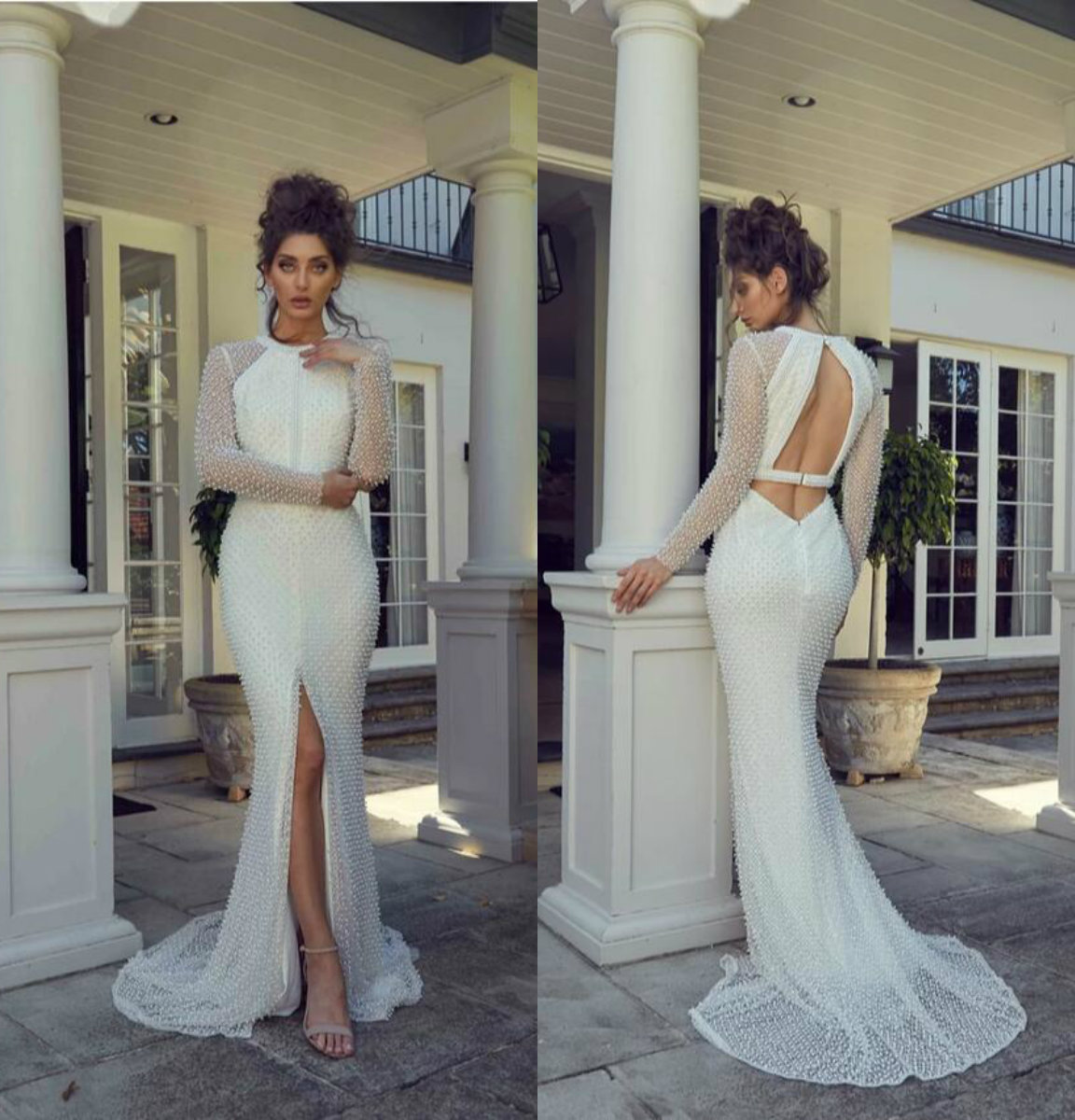 2019 Mermaid Wedding Dresses Jewel Neck Hollow Back Lace Pearls Sweep Train Beach Wedding Dress Custom Long Sleeve Bridal Gowns Front Split