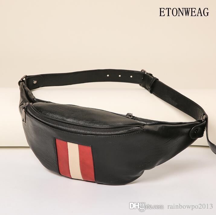 

Factory wholesale bag leather men and women lovers chest handbag simple stripes mens waist back riding bags casual leathers messenger handbags, Black